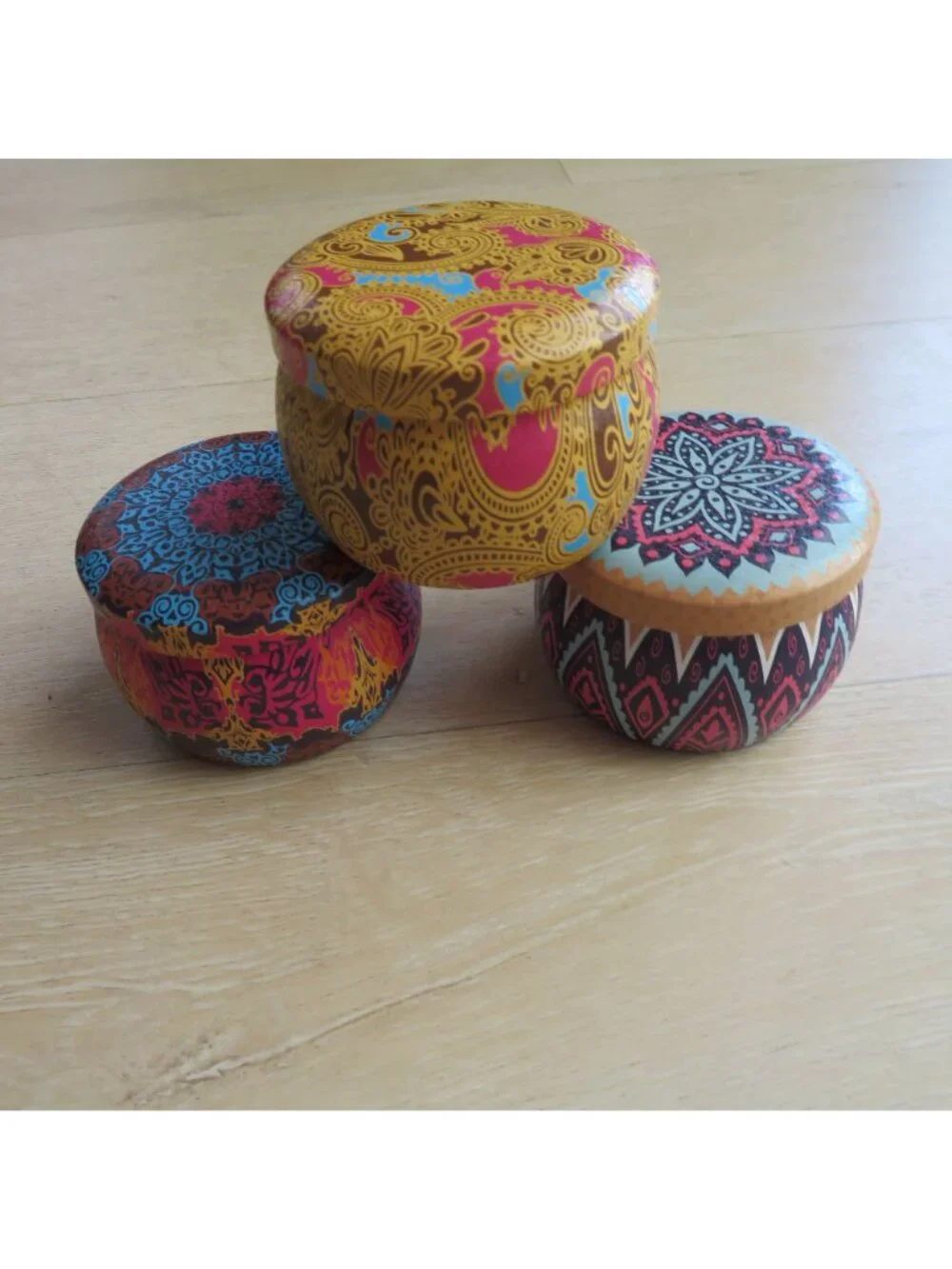 Set of 3 Small Mandala Patterned EMPTY Metal Storage Tins with Lids - 2